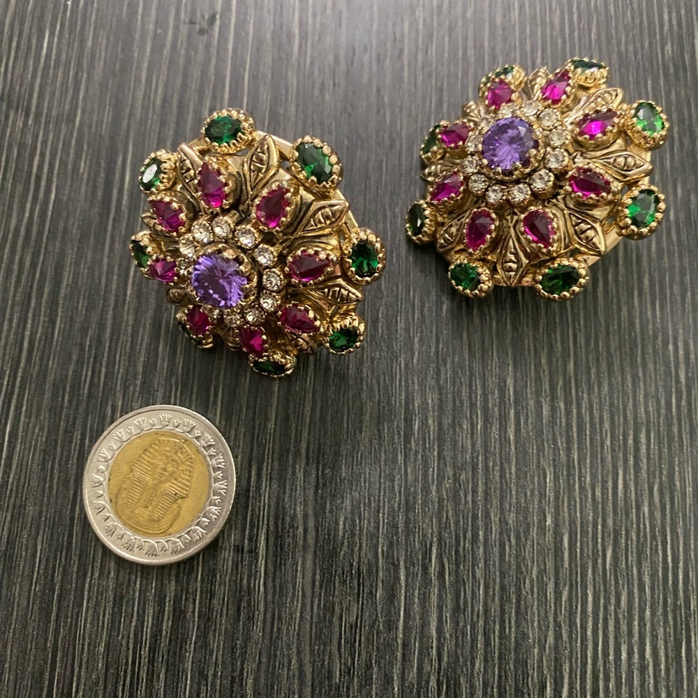 Gold-Tone Floral Clip Earrings with Purple, Pink and Green Stones